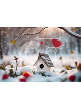 Intra Συλλεκτικό Ξύλινο Παζλ Plywood  4mm - Στολίδι Birdhouse στο χιόνι με κόκκινες καρδιές Σε Ξύλινο Κουτί - Διαστάσεις Puzzle: 10x10 cm – 25 κομμάτια