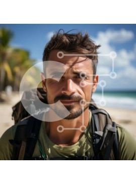 Intra Συλλεκτικό Ξύλινο Παζλ Plywood  4mm - Σοβαρός άνδρας στην παραλία με πράσινο πουκάμισο και σακίδιο Σε Ξύλινο Κουτί - Διαστάσεις Puzzle: 10x10 cm – 25 κομμάτια