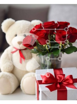 Intra Συλλεκτικό Ξύλινο Παζλ Plywood  4mm - Αρκουδάκι και κόκκινα τριαντάφυλλα με κουτί δώρου Σε Ξύλινο Κουτί - Διαστάσεις Puzzle: 10x10 cm – 25 κομμάτια