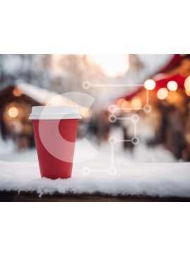 Intra Συλλεκτικό Ξύλινο Παζλ Plywood  4mm - Κόκκινο φλιτζάνι καφέ σε χιονισμένο έδαφος στην υπαίθρια αγορά Σε Ξύλινο Κουτί - Διαστάσεις Puzzle: 10x10 cm – 25 κομμάτια