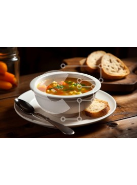 Σετ των 2 Intra Συλλεκτικό Ξύλινο Παζλ Plywood  4mm - Νόστιμη εικόνα της σούπας με φρέσκα λαχανικά και ψωμί σε ένα τραπέζι Σε Ξύλινο Κουτί - Διαστάσεις: 10x10 cm – 25 κομμάτια