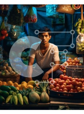 Intra Συλλεκτικό Ξύλινο Παζλ Plywood  4mm - Σοβαρός άνδρας σε πάγκο αγοράς με φρούτα και λαχανικά που εμφανίζονται Σε Ξύλινο Κουτί - Διαστάσεις Puzzle: 10x10 cm – 25 κομμάτια