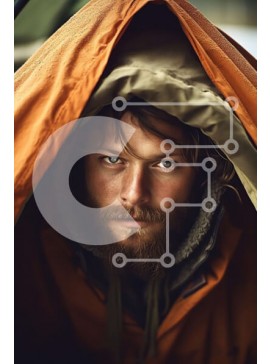 Intra Συλλεκτικό Ξύλινο Παζλ Plywood  4mm - Άνδρας με πορτοκαλί μπουφάν με κουκούλα που στέκεται μπροστά από μια σκηνή Σε Ξύλινο Κουτί - Διαστάσεις Puzzle: 10x10 cm – 25 κομμάτια