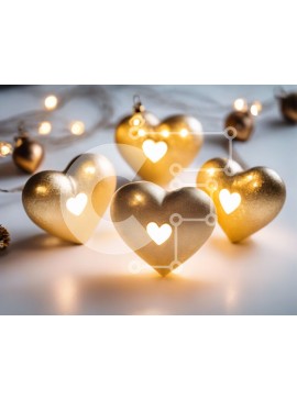 Intra Συλλεκτικό Ξύλινο Παζλ Plywood  4mm - Χρυσά στολίδια σε σχήμα καρδιάς σε λευκό τραπέζι Σε Ξύλινο Κουτί - Διαστάσεις Puzzle: 10x10 cm – 25 κομμάτια