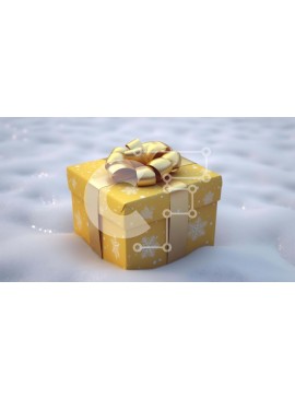 Intra Συλλεκτικό Ξύλινο Παζλ Plywood  4mm - Κίτρινο κουτί δώρου στο χιόνι με χρυσές κορδέλες και νιφάδες χιονιού Σε Ξύλινο Κουτί - Διαστάσεις Puzzle: 10x10 cm – 25 κομμάτια