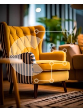 Intra Συλλεκτικό Ξύλινο Παζλ Plywood  4mm - Κομψή κίτρινη πολυθρόνα σε μοντέρνο σαλόνι με ριγέ ταπετσαρία Σε Ξύλινο Κουτί - Διαστάσεις Puzzle: 10x10 cm – 25 κομμάτια