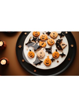 Intra Συλλεκτικό Ξύλινο Παζλ Plywood  4mm - Μπισκότα αποκριών σε μαύρο πιάτο με κεριά Σε Ξύλινο Κουτί - Διαστάσεις Puzzle: 10x10 cm – 25 κομμάτια