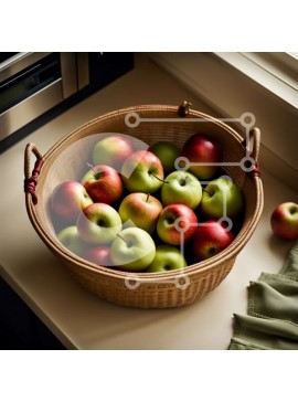 Σετ των 2 Intra Συλλεκτικό Ξύλινο Παζλ Plywood  4mm - Όμορφη εικόνα των μήλων σε ένα ψάθινο καλάθι σε έναν πάγκο κουζίνας Σε Ξύλινο Κουτί - Διαστάσεις: 10x10 cm – 25 κομμάτια