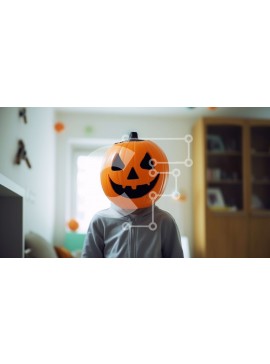 Intra Συλλεκτικό Ξύλινο Παζλ Plywood  4mm - Παιδί με μάσκα κεφαλής κολοκύθας στο σαλόνι Σε Ξύλινο Κουτί - Διαστάσεις Puzzle: 10x10 cm – 25 κομμάτια