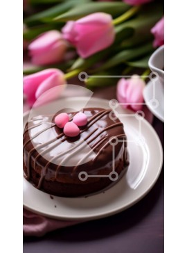 Intra Συλλεκτικό Ξύλινο Παζλ Plywood  4mm - Σοκολατένιο κέικ σε σχήμα καρδιάς με ροζ τουλίπες και φλιτζάνι τσάι Σε Ξύλινο Κουτί - Διαστάσεις: 10x10 cm – 25 κομμάτια