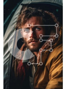 Intra Συλλεκτικό Ξύλινο Παζλ Plywood  4mm - Σοβαρός άνδρας με κίτρινο μπουφάν μπροστά από τη σκηνή Σε Ξύλινο Κουτί - Διαστάσεις Puzzle: 10x10 cm – 25 κομμάτια