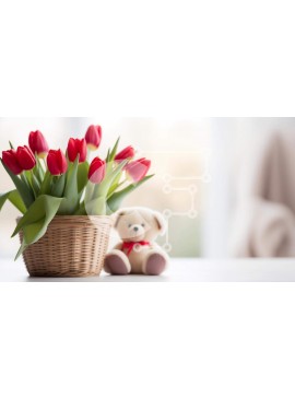 Intra Συλλεκτικό Ξύλινο Παζλ Plywood  4mm - Αρκουδάκι και κόκκινες τουλίπες στο καλάθι Σε Ξύλινο Κουτί - Διαστάσεις Puzzle: 10x10 cm – 25 κομμάτια