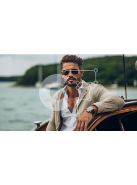 Intra Συλλεκτικό Ξύλινο Παζλ Plywood  4mm - Χαλαρός άνδρας σε βάρκα με γυαλιά ηλίου και μπεζ μπουφάν Σε Ξύλινο Κουτί - Διαστάσεις Puzzle: 10x10 cm – 25 κομμάτια