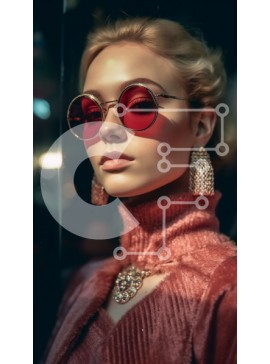 Intra Συλλεκτικό Ξύλινο Παζλ Plywood  4mm - Κομψή γυναίκα με ροζ πουλόβερ και κόκκινα γυαλιά ηλίου τη νύχτα Σε Ξύλινο Κουτί - Διαστάσεις Puzzle: 10x10 cm – 25 κομμάτια