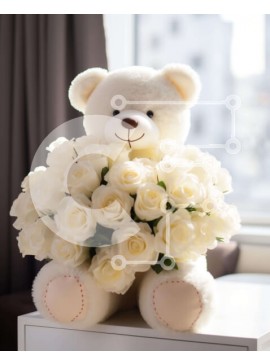 Intra Συλλεκτικό Ξύλινο Παζλ Plywood  4mm - Μπουκέτο Λευκό αρκουδάκι με λευκά τριαντάφυλλα Σε Ξύλινο Κουτί - Διαστάσεις Puzzle: 10x10 cm – 25 κομμάτια