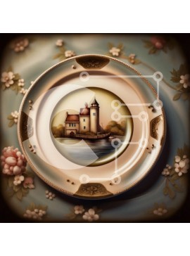 Intra Συλλεκτικό Ξύλινο Παζλ Plywood  4mm - Όμορφο πιάτο με ζωγραφική του κάστρου σε λουλουδάτο τραπεζομάντιλο Σε Ξύλινο Κουτί - Διαστάσεις Puzzle: 10x10 cm – 25 κομμάτια