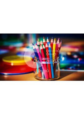 Intra Συλλεκτικό Ξύλινο Παζλ Plywood  4mm - Πολύχρωμα μολύβια σε ένα γυάλινο βάζο σε ένα τραπέζι Σε Ξύλινο Κουτί - Διαστάσεις Puzzle: 10x10 cm – 25 κομμάτια