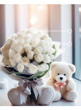 Intra Συλλεκτικό Ξύλινο Παζλ Plywood  4mm - Μπουκέτο λευκά τριαντάφυλλα με αρκουδάκι Σε Ξύλινο Κουτί - Διαστάσεις Puzzle: 10x10 cm – 25 κομμάτια