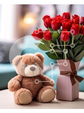 Intra Συλλεκτικό Ξύλινο Παζλ Plywood  4mm - Αρκουδάκι με κόκκινες τουλίπες Σε Ξύλινο Κουτί - Διαστάσεις Puzzle: 10x10 cm – 25 κομμάτια