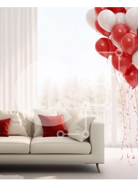 Intra Συλλεκτικό Ξύλινο Παζλ Plywood  4mm - Λευκός καναπές με κόκκινα και λευκά μπαλόνια στο σαλόνι Σε Ξύλινο Κουτί - Διαστάσεις Puzzle: 10x10 cm – 25 κομμάτια
