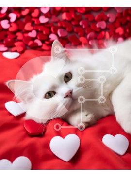 Σετ των 2 Intra Συλλεκτικό Ξύλινο Παζλ Plywood  4mm - Χαλαρή λευκή γάτα σε κόκκινο φόντο με καρδιές Σε Ξύλινο Κουτί - Διαστάσεις: 10x10 cm – 25 κομμάτια