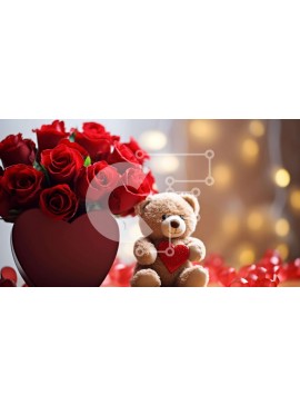 Intra Συλλεκτικό Ξύλινο Παζλ Plywood  4mm - Αρκουδάκι σε βάζο σε σχήμα καρδιάς με κόκκινα τριαντάφυλλα και καρδιές Σε Ξύλινο Κουτί - Διαστάσεις Puzzle: 10x10 cm – 25 κομμάτια