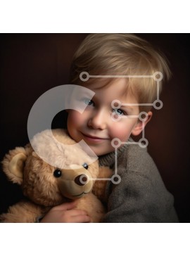 Intra Συλλεκτικό Ξύλινο Παζλ Plywood  4mm - Νεαρό αγόρι που αγκαλιάζει το αρκουδάκι με τα φωτεινά μπλε μάτια Σε Ξύλινο Κουτί - Διαστάσεις Puzzle: 10x10 cm – 25 κομμάτια