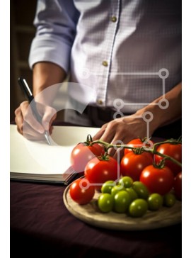 Σετ των 2 Intra Συλλεκτικό Ξύλινο Παζλ Plywood  4mm - Άνδρας που γράφει στο τραπέζι με φρέσκα λαχανικά και ψωμί Σε Ξύλινο Κουτί - Διαστάσεις: 10x10 cm – 25 κομμάτια