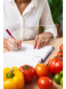 Σετ των 2 Intra Συλλεκτικό Ξύλινο Παζλ Plywood  4mm - Γυναίκα που γράφει στο σημειωματάριο που περιβάλλεται από φρούτα και λαχανικά Σε Ξύλινο Κουτί - Διαστάσεις: 10x10 cm – 25 κομμάτια