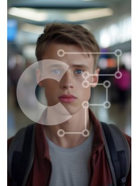 Intra Συλλεκτικό Ξύλινο Παζλ Plywood  4mm - Νεαρός άνδρας στο αεροδρόμιο με μπλε μάτια Σε Ξύλινο Κουτί - Διαστάσεις Puzzle: 10x10 cm – 25 κομμάτια