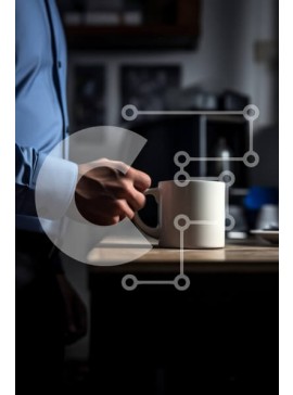 Intra Συλλεκτικό Ξύλινο Παζλ Plywood  4mm - Χέρι που κρατά μια λευκή κούπα καφέ σε ένα ζεστό περιβάλλον κουζίνας Σε Ξύλινο Κουτί - Διαστάσεις Puzzle: 10x10 cm – 25 κομμάτια