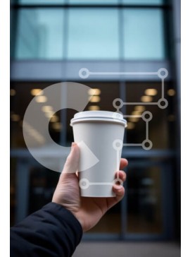 Σετ των 2 Intra Συλλεκτικό Ξύλινο Παζλ Plywood  4mm - Χέρι που κρατά το λευκό φλιτζάνι καφέ μπροστά από το σύγχρονο κτήριο Σε Ξύλινο Κουτί - Διαστάσεις: 10x10 cm – 25 κομμάτια