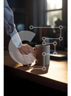 Intra Συλλεκτικό Ξύλινο Παζλ Plywood  4mm - Χέρι που κρατά μια κούπα καφέ σε ένα ξύλινο τραπέζι Σε Ξύλινο Κουτί - Διαστάσεις Puzzle: 10x10 cm – 25 κομμάτια