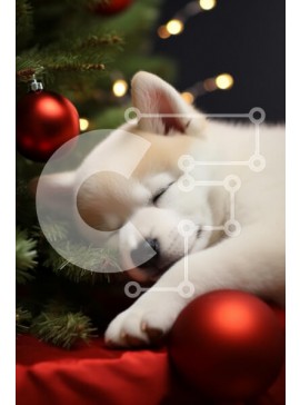 Σετ των 2 Intra Συλλεκτικό Ξύλινο Παζλ Plywood  4mm - Κουτάβι που κοιμάται δίπλα σε ένα χριστουγεννιάτικο δέντρο Σε Ξύλινο Κουτί - Διαστάσεις: 10x10 cm – 25 κομμάτια