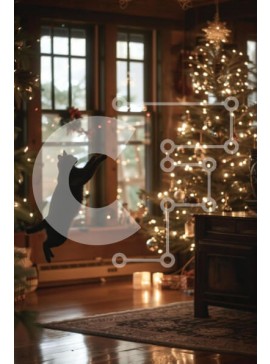 Σετ των 2 Intra Συλλεκτικό Ξύλινο Παζλ Plywood  4mm - Παιχνιδιάρικη μαύρη γάτα σε ένα διακοσμημένο δωμάτιο για διακοπές Σε Ξύλινο Κουτί - Διαστάσεις: 10x10 cm – 25 κομμάτια