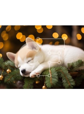 Σετ των 2 Intra Συλλεκτικό Ξύλινο Παζλ Plywood  4mm - Κουτάβι που κοιμάται σε κλαδιά πεύκου με εορταστικά φώτα Σε Ξύλινο Κουτί - Διαστάσεις: 10x10 cm – 25 κομμάτια