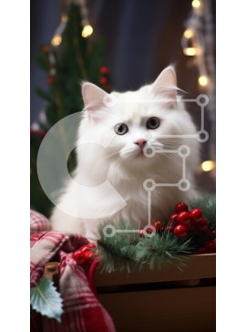 Σετ των 2 Intra Συλλεκτικό Ξύλινο Παζλ Plywood  4mm - Αφράτη λευκή γάτα που περιβάλλεται από διακοσμήσεις διακοπών Σε Ξύλινο Κουτί - Διαστάσεις: 10x10 cm – 25 κομμάτια