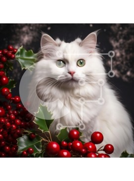 Intra Συλλεκτικό Ξύλινο Παζλ Plywood  4mm - Αφράτη λευκή γάτα που περιβάλλεται από μούρα διακοπών και Holly Σε Ξύλινο Κουτί - Διαστάσεις: 10x10 cm – 25 κομμάτια