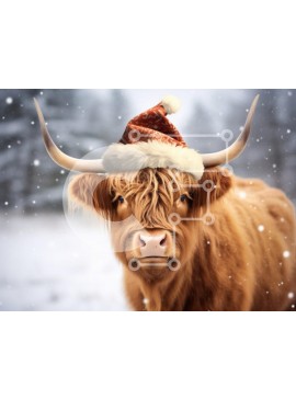 Σετ των 2 Intra Συλλεκτικό Ξύλινο Παζλ Plywood  4mm - Αγελάδα Highland με χριστουγεννιάτικο καπέλο σε χιονισμένο τοπίο Σε Ξύλινο Κουτί - Διαστάσεις: 10x10 cm – 25 κομμάτια