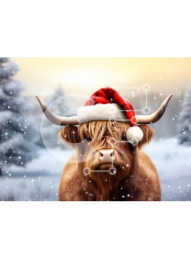 Σετ των 2 Intra Συλλεκτικό Ξύλινο Παζλ Plywood  4mm - Αγελάδα Highland με καπέλο Santa στο χιονισμένο τοπίο Σε Ξύλινο Κουτί - Διαστάσεις: 10x10 cm – 25 κομμάτια