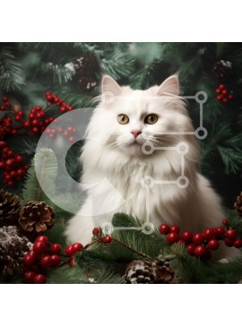 Intra Συλλεκτικό Ξύλινο Παζλ Plywood  4mm - Λευκή γάτα που περιβάλλεται από διακόσμηση διακοπών Σε Ξύλινο Κουτί - Διαστάσεις: 10x10 cm – 25 κομμάτια