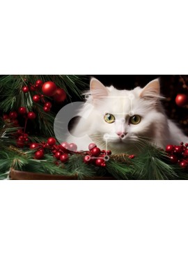 Intra Συλλεκτικό Ξύλινο Παζλ Plywood  4mm - Λευκή γάτα που περιβάλλεται από χριστουγεννιάτικη διακόσμηση Σε Ξύλινο Κουτί - Διαστάσεις: 10x10 cm – 25 κομμάτια