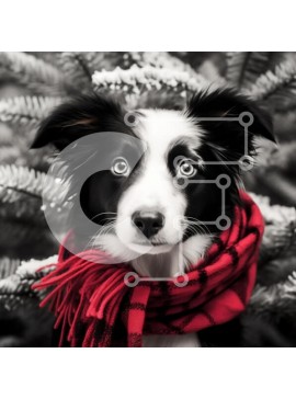 Intra Συλλεκτικό Ξύλινο Παζλ Plywood  4mm - Border Collie με καρό κασκόλ Μέσα σε Χιονισμένο Evergreen Σε Ξύλινο Κουτί - Διαστάσεις: 10x10 cm – 25 κομμάτια