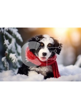 Σετ των 2 Intra Συλλεκτικό Ξύλινο Παζλ Plywood  4mm - Κουτάβι στο χιόνι με κόκκινο κασκόλ Σε Ξύλινο Κουτί - Διαστάσεις: 10x10 cm – 25 κομμάτια