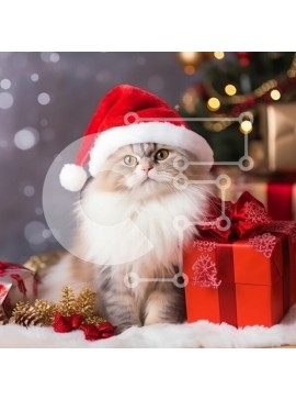 Intra Συλλεκτικό Ξύλινο Παζλ Plywood  4mm - Εορταστική γάτα με καπέλο Άγιου Βασίλη Σε Ξύλινο Κουτί - Διαστάσεις: 10x10 cm – 25 κομμάτια
