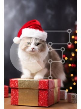 Σετ των 2 Intra Συλλεκτικό Ξύλινο Παζλ Plywood  4mm - Εορταστική γάτα με καπέλο Άγιου Βασίλη στο κουτί δώρου Σε Ξύλινο Κουτί - Διαστάσεις: 10x10 cm – 25 κομμάτια