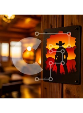 Intra Συλλεκτικό Ξύλινο Παζλ Plywood  4mm - Σιλουέτα ενός καουμπόη ενάντια στο ηλιοβασίλεμα σε ρουστίκ καμπίνα Σε Ξύλινο Κουτί - Διαστάσεις Puzzle: 10x10 cm – 25 κομμάτια