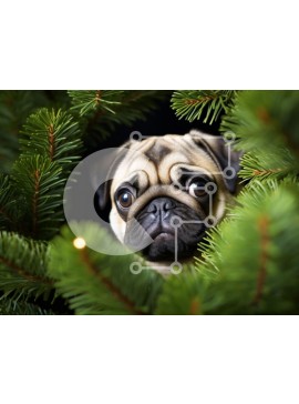 Σετ των 2 Intra Συλλεκτικό Ξύλινο Παζλ Plywood  4mm - Pug που κρυφοκοιτάζει μέσα από κλαδιά πεύκου Σε Ξύλινο Κουτί - Διαστάσεις: 10x10 cm – 25 κομμάτια