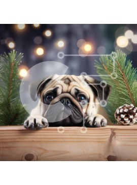 Intra Συλλεκτικό Ξύλινο Παζλ Plywood  4mm - Pug σε εορταστικό σκηνικό με κλαδιά πεύκου Σε Ξύλινο Κουτί - Διαστάσεις: 10x10 cm – 25 κομμάτια