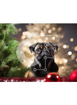 Σετ των 2 Intra Συλλεκτικό Ξύλινο Παζλ Plywood  4mm - Pug μπροστά από ένα χριστουγεννιάτικο δέντρο Σε Ξύλινο Κουτί - Διαστάσεις: 10x10 cm – 25 κομμάτια